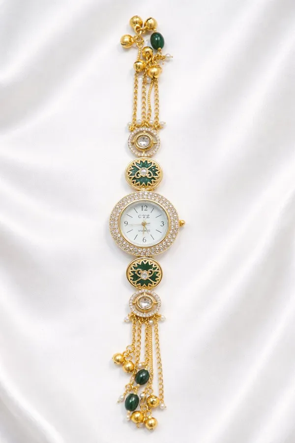 Handcrafted_Gold_Plated_Polki-Style_Bracelet_Watch_with_Green_Meenakari_Art_&_Tassels