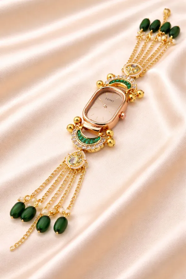 Oval_Rose_Gold_Plated_"Chandbali"_Jewelry_Watch_with_Emerald_Green_Enamel_&_Tassels