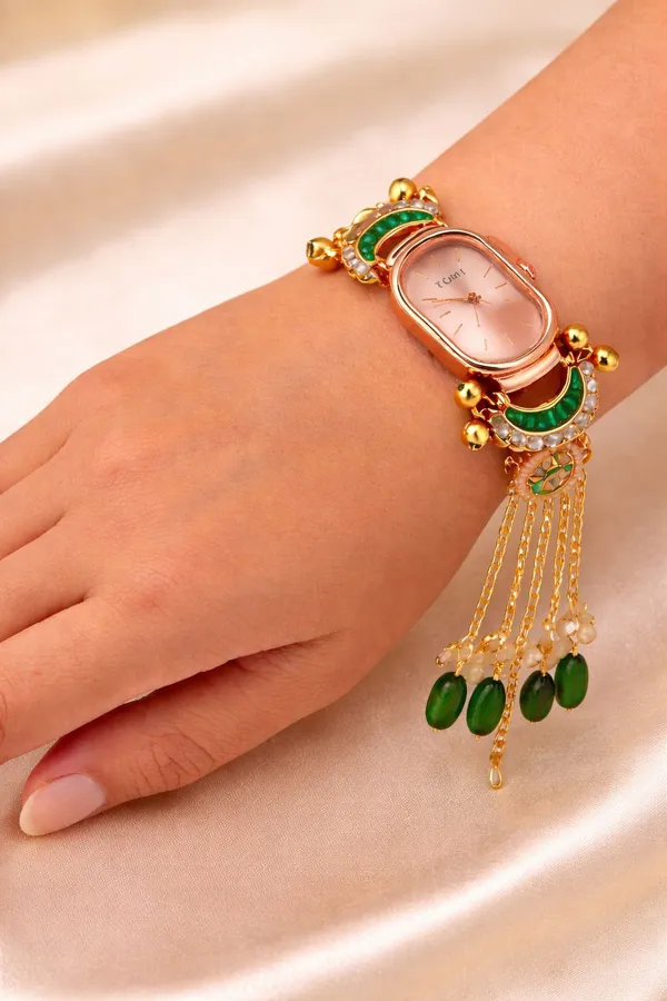 Oval_Rose_Gold_Plated_"Chandbali"_Jewelry_Watch_with_Emerald_Green_Enamel_&_Tassels