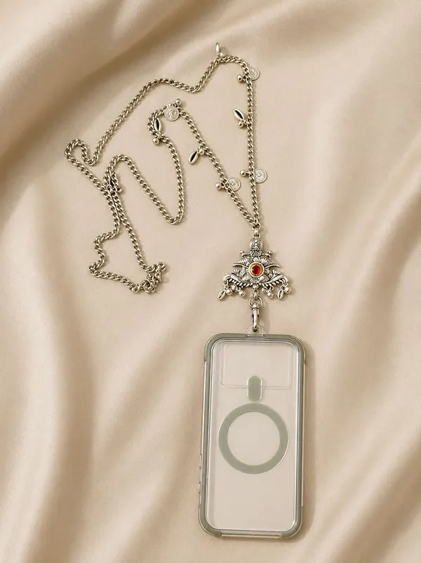 Oxidized_Silver_Boho_Phone_Chain_Lanyard_with_Tribal_Pendant_&_Coin_Charms