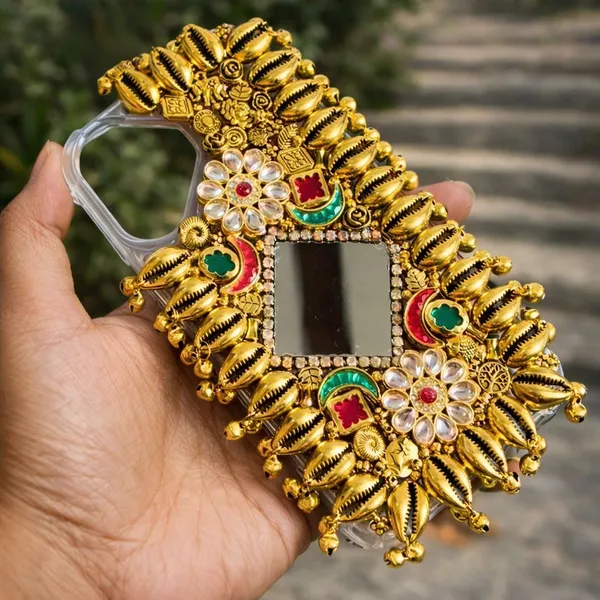 The_Cultural_Choice:_"Aaina"_Ethnic_Gold-Plated_Mobile_Cover_-_Traditional_Indian_Mirror_Art_&_Ghungroos