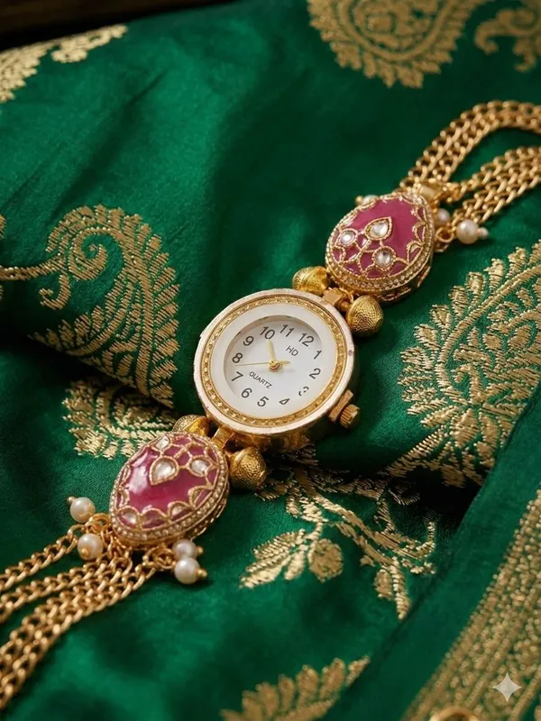 Traditional_Onion_Pink_Meenakari_Jewelry_Watch_with_Pearl_Drop_Accents_kashmiri_watch