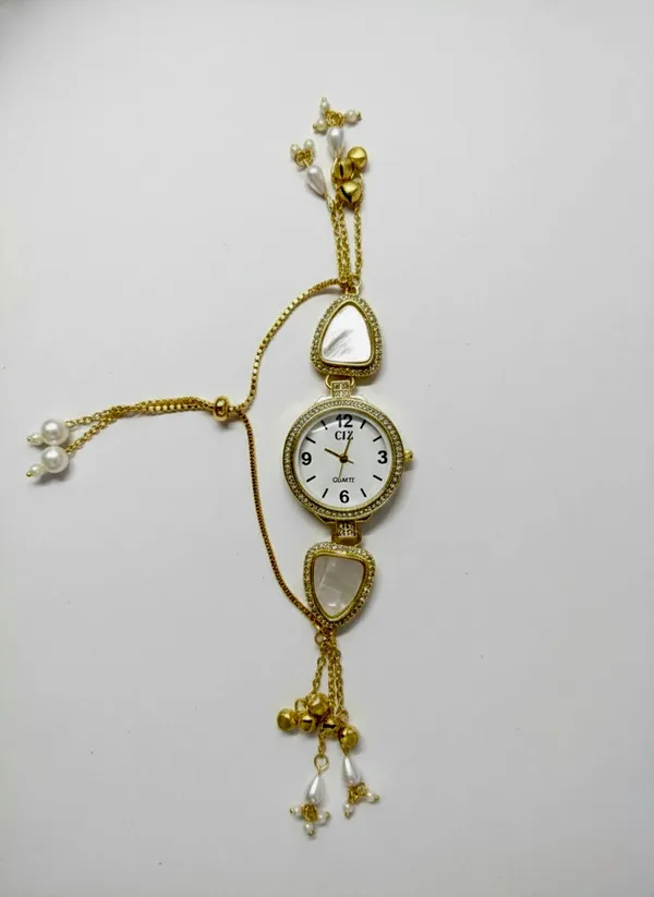 Gold_Plated_Women's_Ethnic_Boho_Bracelet_Watch_-_Designer_Pearl_&_Stone_Studded_Wristwear