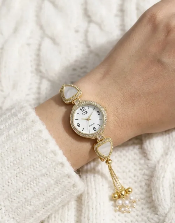 Gold_Plated_Women's_Ethnic_Boho_Bracelet_Watch_-_Designer_Pearl_&_Stone_Studded_Wristwear