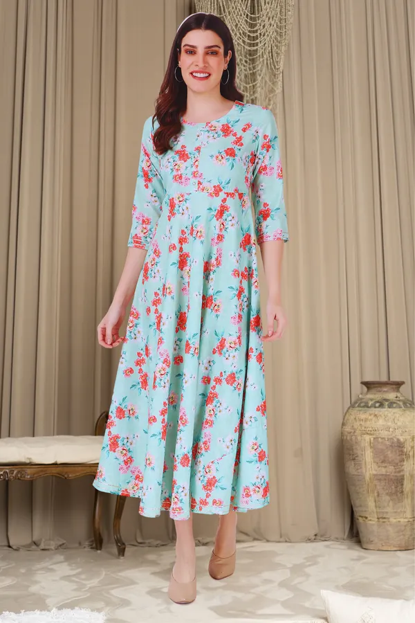 Green_Viscose_Rayon_Calf_Length_Floral_Print_Kurti_For_Women