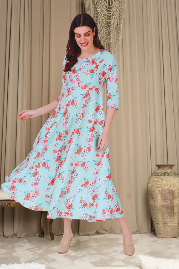 Green_Viscose_Rayon_Calf_Length_Floral_Print_Kurti_For_Women