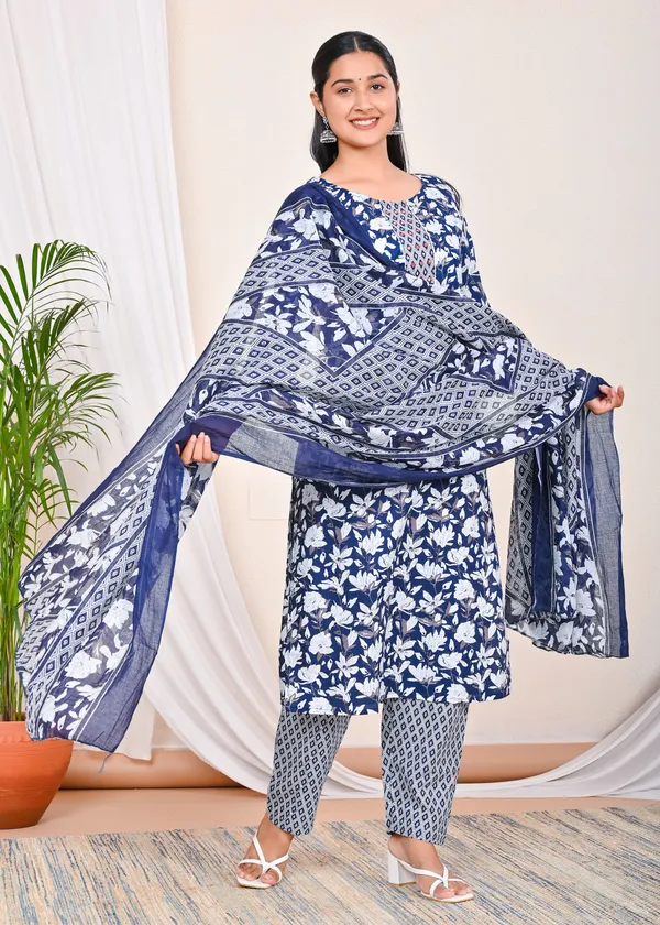 Blue_Printed_Work_Women_Pure_Cotton_Kurti_Pant_with_Dupatta