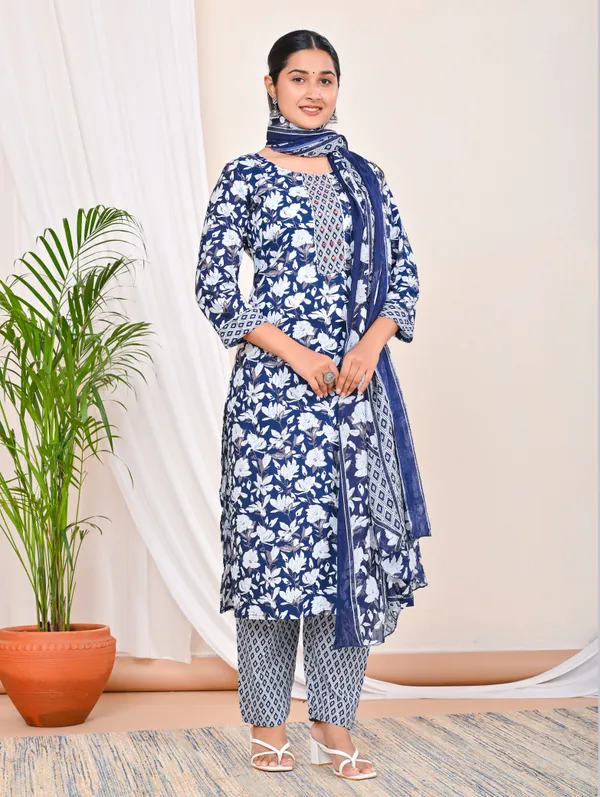 Blue_Printed_Work_Women_Pure_Cotton_Kurti_Pant_with_Dupatta
