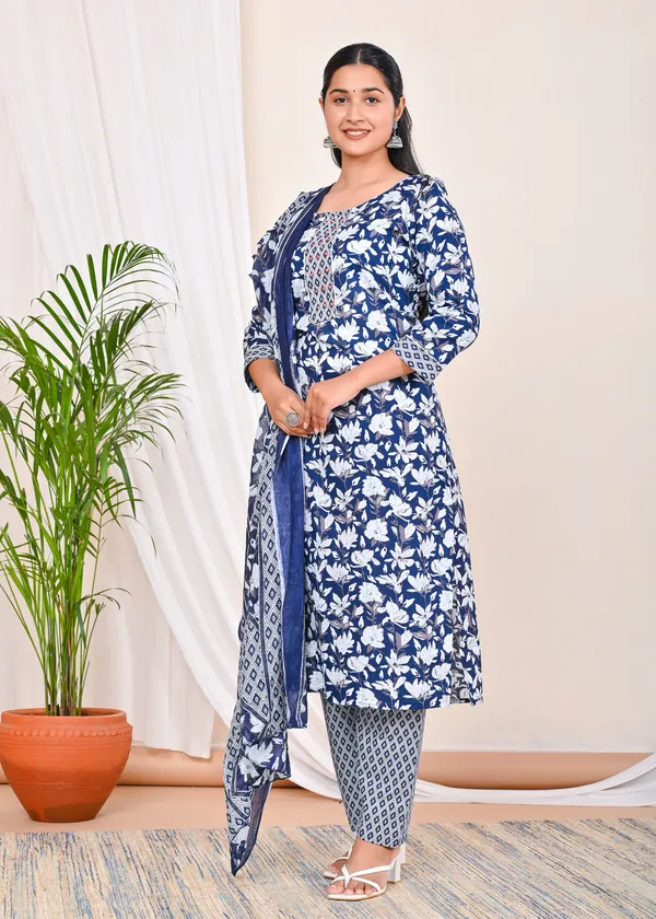 Blue_Printed_Work_Women_Pure_Cotton_Kurti_Pant_with_Dupatta