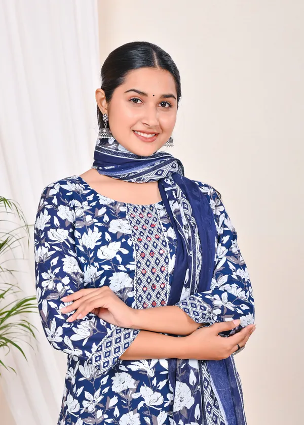 Blue_Printed_Work_Women_Pure_Cotton_Kurti_Pant_with_Dupatta