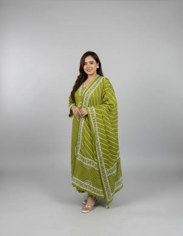 Green_Bandhej_Cotton_A_Line_Suit_Set