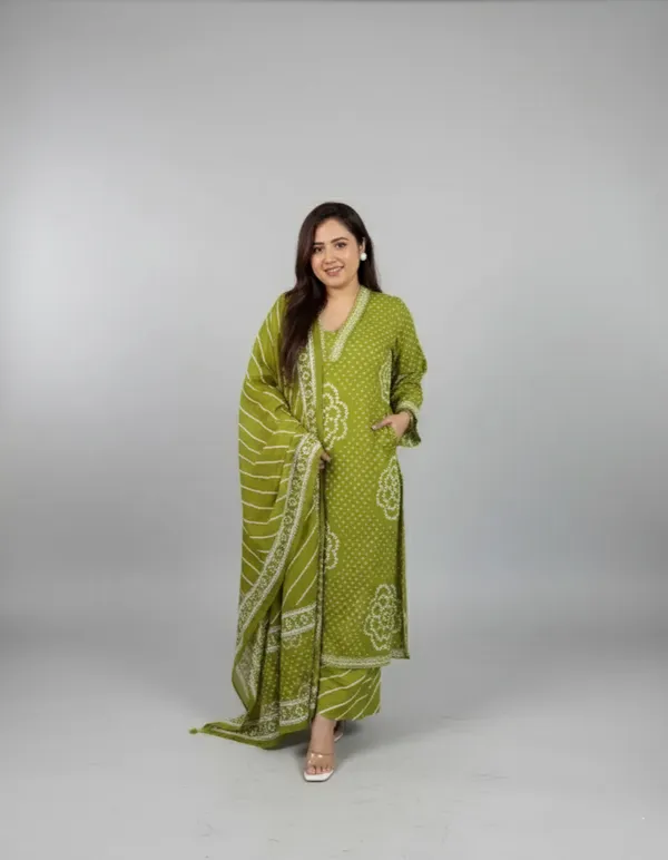 Green_Bandhej_Cotton_A_Line_Suit_Set