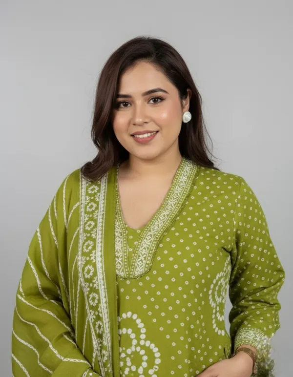 Green_Bandhej_Cotton_A_Line_Suit_Set