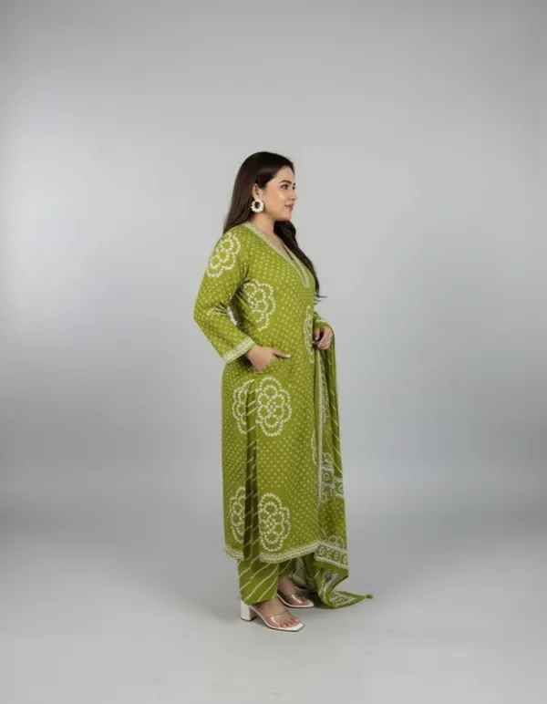 Green_Bandhej_Cotton_A_Line_Suit_Set