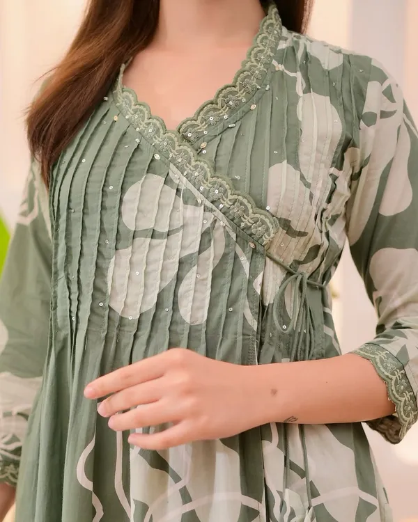 Green_Cotton_Printed_Kurta,_Salwar_&_Dupatta_Set
