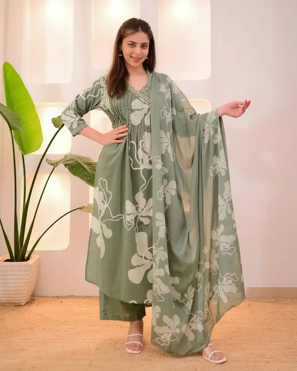 Green_Cotton_Printed_Kurta,_Salwar_&_Dupatta_Set