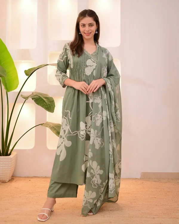 Green_Cotton_Printed_Kurta,_Salwar_&_Dupatta_Set