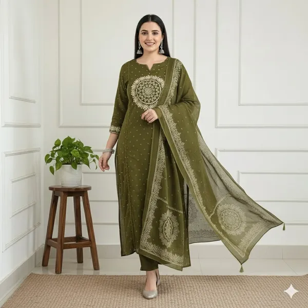 Green_Women_Ethnic_Motifs_Printed_Pleated_Thread_Work_Pure_Cotton_Kurta_with_Trousers_&_With_Dupatta
