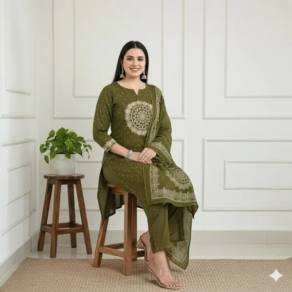 Green_Women_Ethnic_Motifs_Printed_Pleated_Thread_Work_Pure_Cotton_Kurta_with_Trousers_&_With_Dupatta