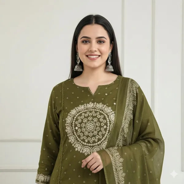 Green_Women_Ethnic_Motifs_Printed_Pleated_Thread_Work_Pure_Cotton_Kurta_with_Trousers_&_With_Dupatta