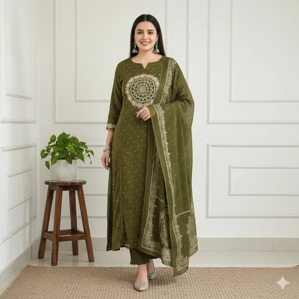 Green_Women_Ethnic_Motifs_Printed_Pleated_Thread_Work_Pure_Cotton_Kurta_with_Trousers_&_With_Dupatta