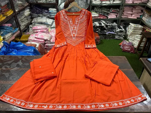 Printed_Cotton_Orange_Anarkali_Kurti_Pant_Dupatta_Set