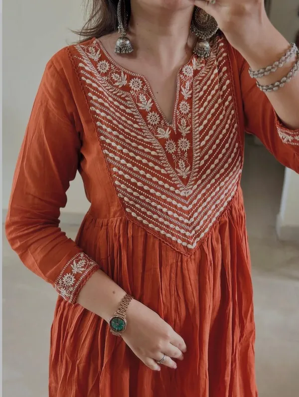 Printed_Cotton_Orange_Anarkali_Kurti_Pant_Dupatta_Set