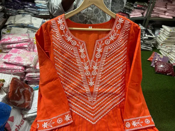 Printed_Cotton_Orange_Anarkali_Kurti_Pant_Dupatta_Set