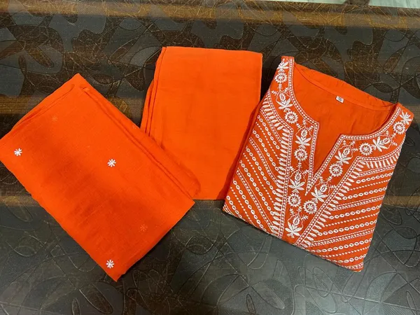 Printed_Cotton_Orange_Anarkali_Kurti_Pant_Dupatta_Set