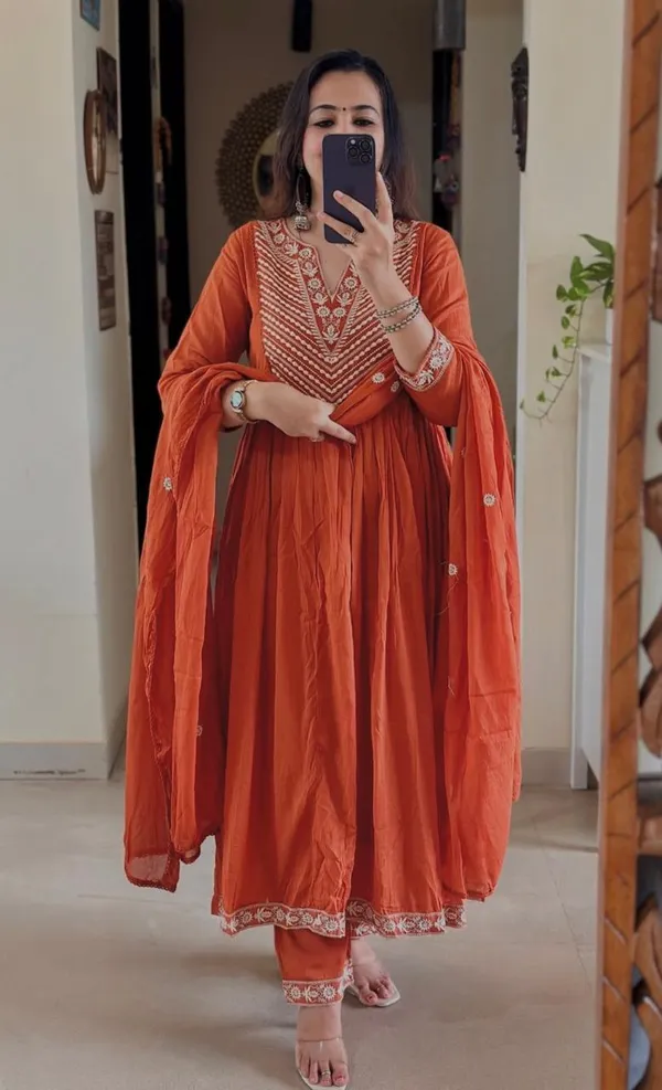 Printed_Cotton_Orange_Anarkali_Kurti_Pant_Dupatta_Set