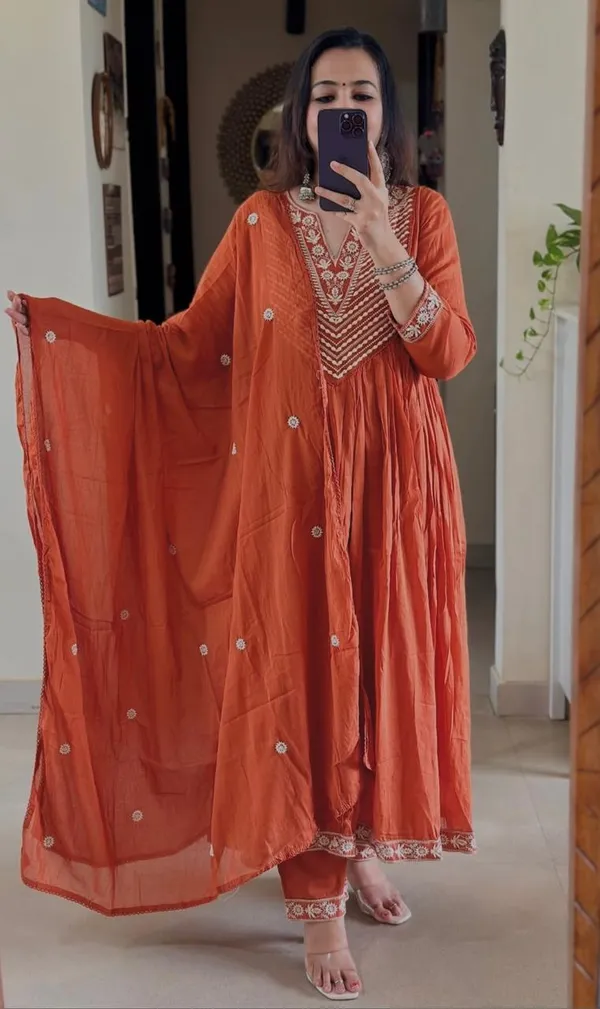 Printed_Cotton_Orange_Anarkali_Kurti_Pant_Dupatta_Set
