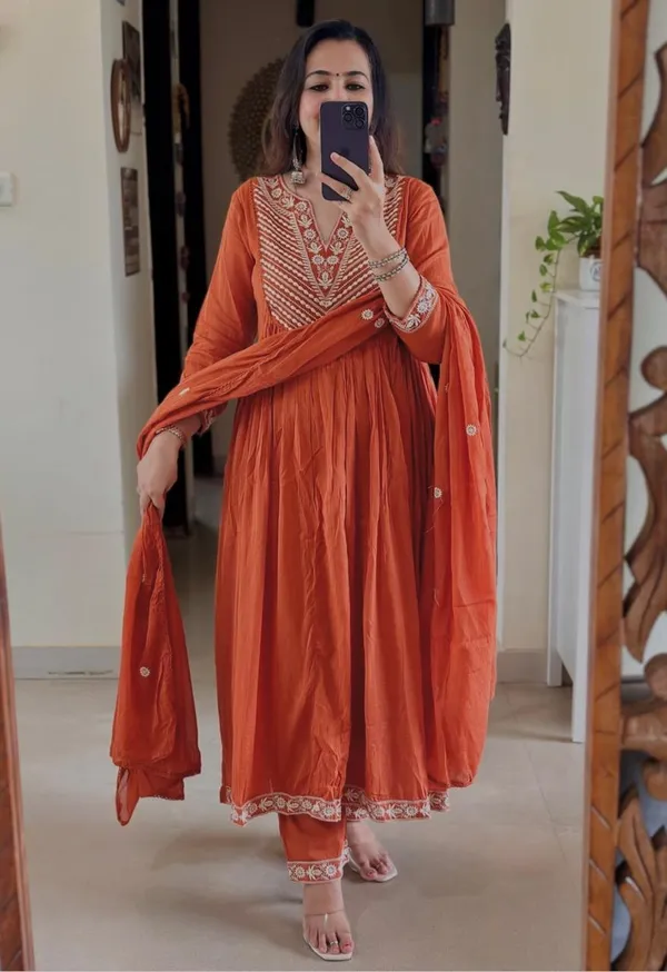Printed_Cotton_Orange_Anarkali_Kurti_Pant_Dupatta_Set