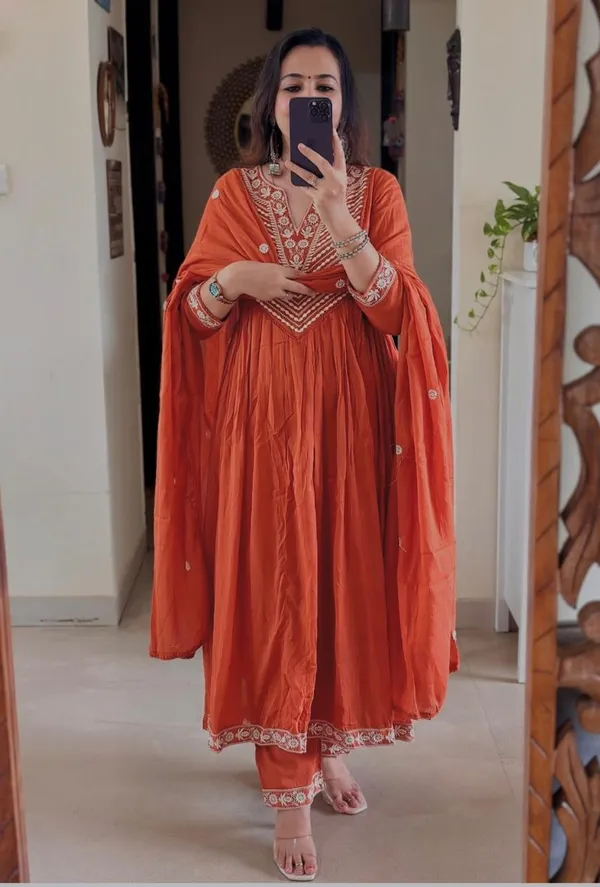 Printed_Cotton_Orange_Anarkali_Kurti_Pant_Dupatta_Set
