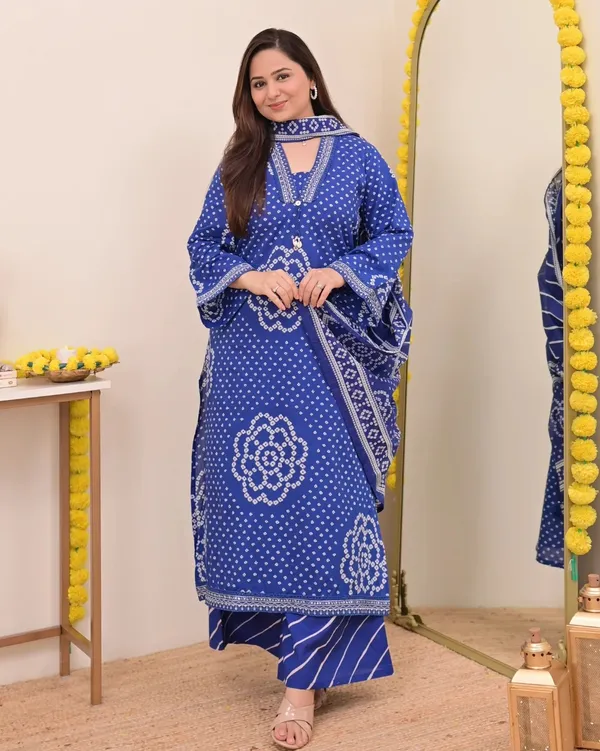 Royal_Blue_Bandhej_Cotton_A_Line_Suit_Set