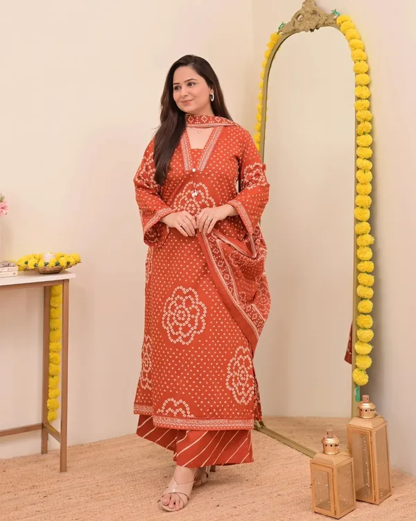 Rust_Bandhej_Cotton_A_Line_Suit_Set