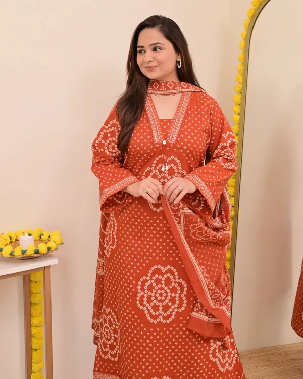 Rust_Bandhej_Cotton_A_Line_Suit_Set