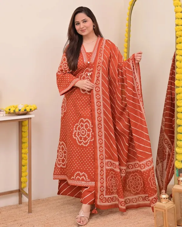 Rust_Bandhej_Cotton_A_Line_Suit_Set