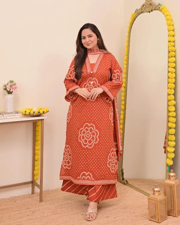 Rust_Bandhej_Cotton_A_Line_Suit_Set