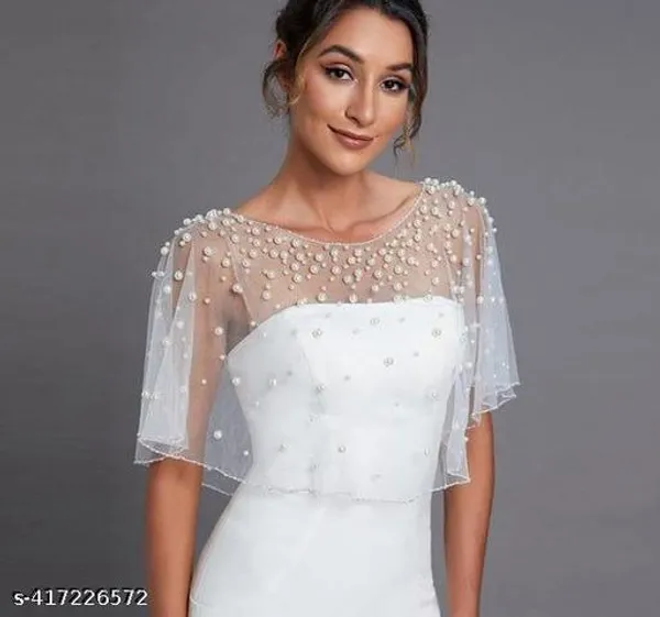 White_Party_Wear_Beaded_Work_Poncho_Shrug_For_Women