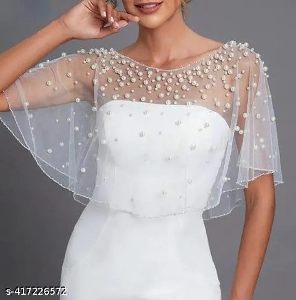 White_Party_Wear_Beaded_Work_Poncho_Shrug_For_Women