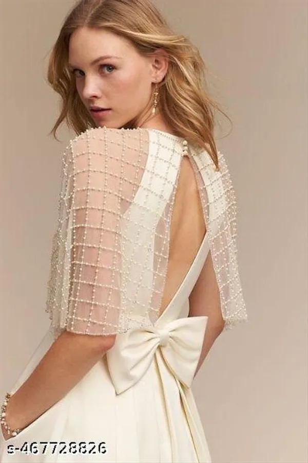 White_Heavy_Moti_Poncho_Tops_For_Women