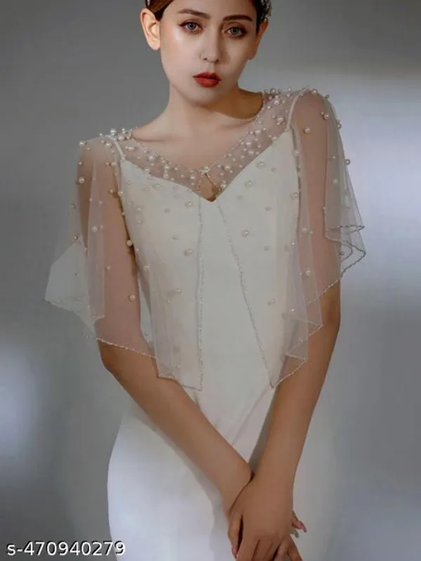 White_Designer_Half_Pearl_Hand_Work_Stylish_Poncho_Shrug_Poncho_For_Women