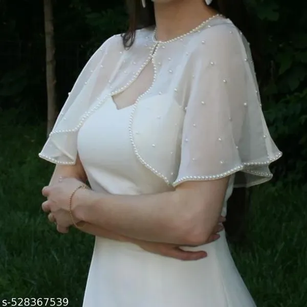 White_Stylish_Hand_Work_Net_Fabric_Poncho_With_Pearl_Design_For_Women