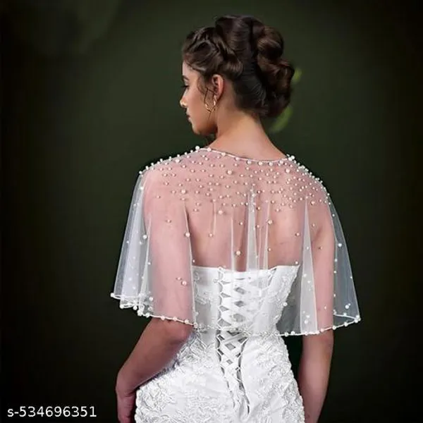 White_Elegant_Sheer_Net_Overlay_Pearl_Work_Poncho_For_Women