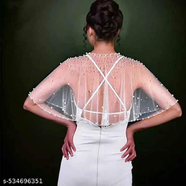 White_Elegant_Sheer_Net_Overlay_Pearl_Work_Poncho_For_Women