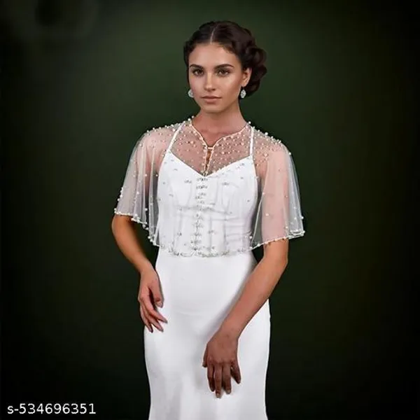 White_Elegant_Sheer_Net_Overlay_Pearl_Work_Poncho_For_Women
