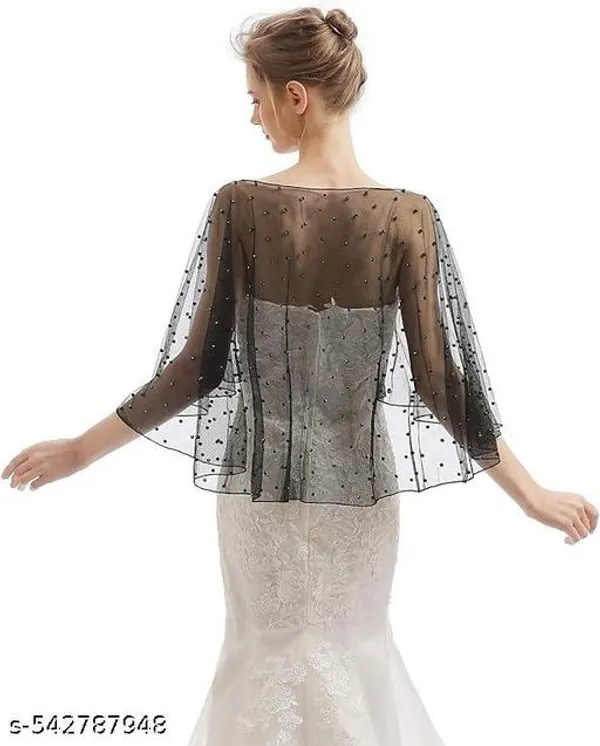 Black_Elegant_Polka-Dot_Net_Poncho_Shrug_Party_&_Bridal_Gown_Cover-Up_With_Pearl_Accents_For_Women