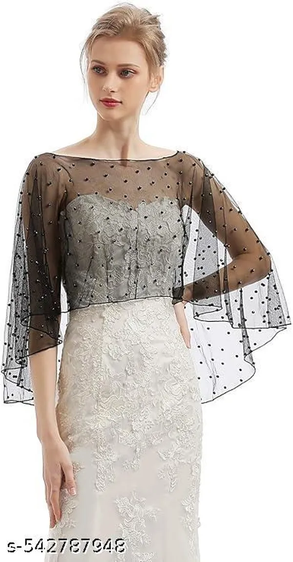 Black_Elegant_Polka-Dot_Net_Poncho_Shrug_Party_&_Bridal_Gown_Cover-Up_With_Pearl_Accents_For_Women