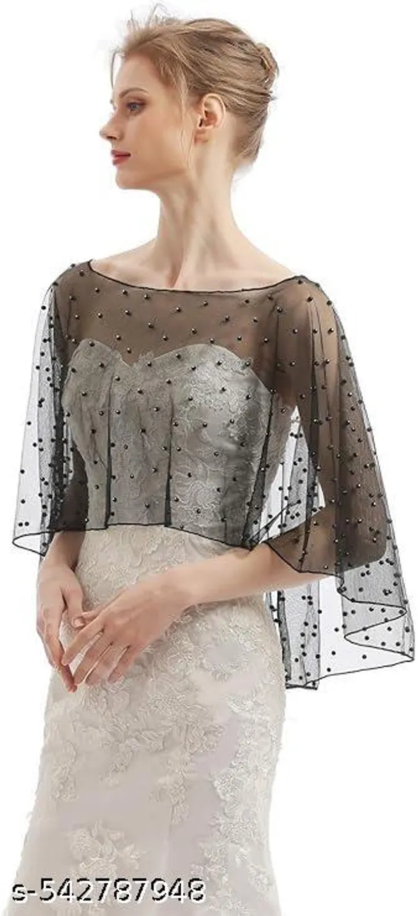 Black_Elegant_Polka-Dot_Net_Poncho_Shrug_Party_&_Bridal_Gown_Cover-Up_With_Pearl_Accents_For_Women