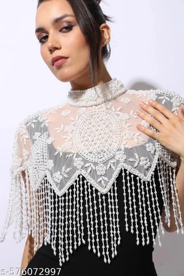 White_Elegant_Designer_Net_Pearl_Beaded_Poncho_Shrug_For_Women